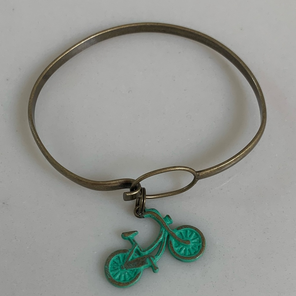 SALE Vintage Teal Bicycle Charm Hook Bronze Bracelet